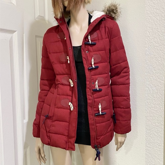 SUPERDRY Tall Marl Toggle Puffle Jacket Burgundy Puffer Hooded Coat Size 2 US - Picture 3 of 16